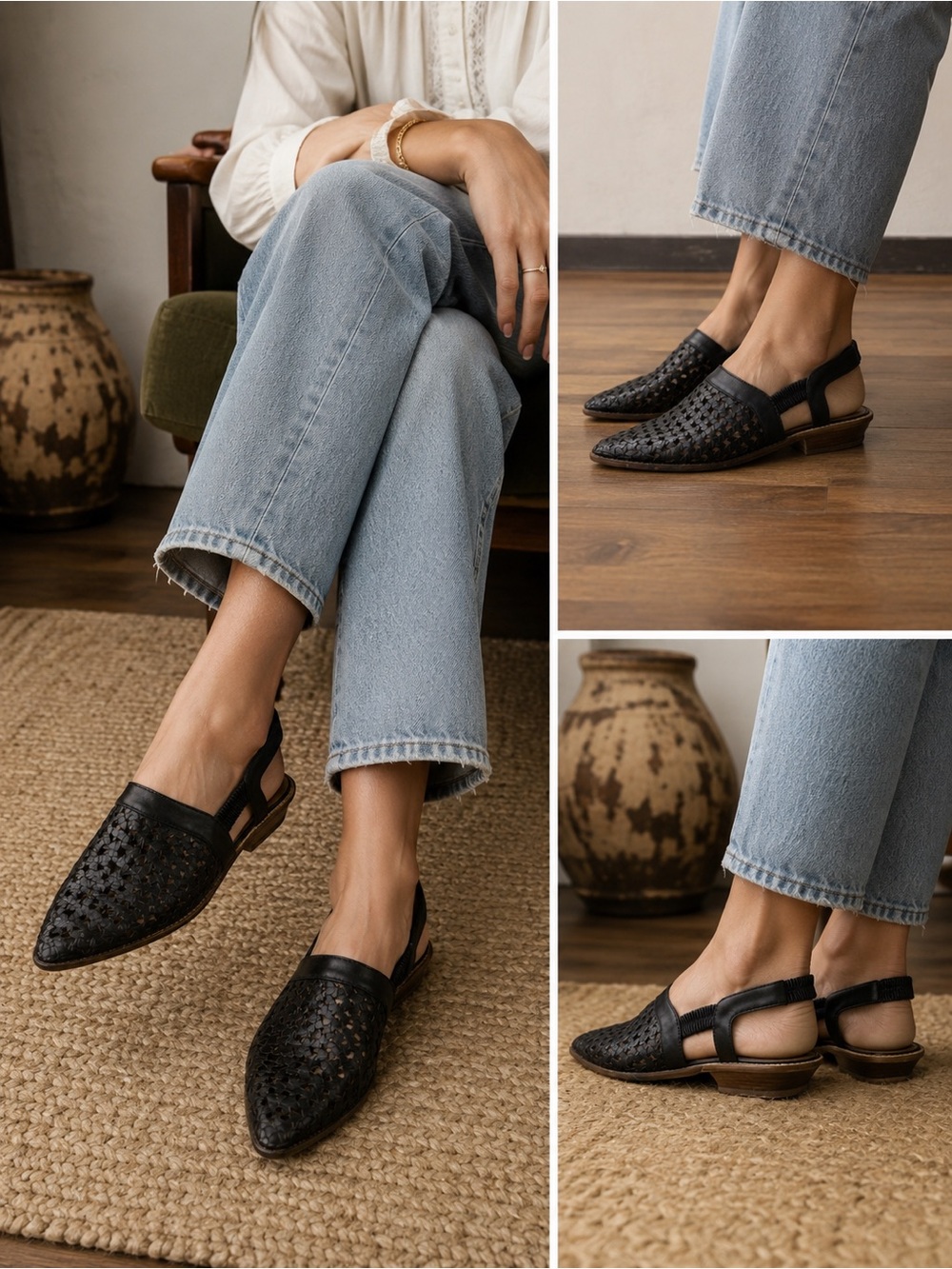 Nicole "Zona" Black Woven Leather Flats - Boho Vintage inspired Style